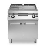 Εστία-πλατό αερίου 21kW διπλή 1/3 ραβδωτή 2/3 λεία επιφ. χρωμίου σε βάση με 2 πόρτες R90/80FTG/CLR/P ROC900